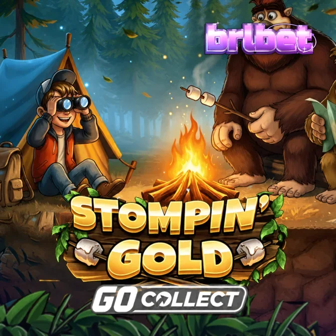 Cenário florestal do slot Stompin’ Gold com elementos de aventura